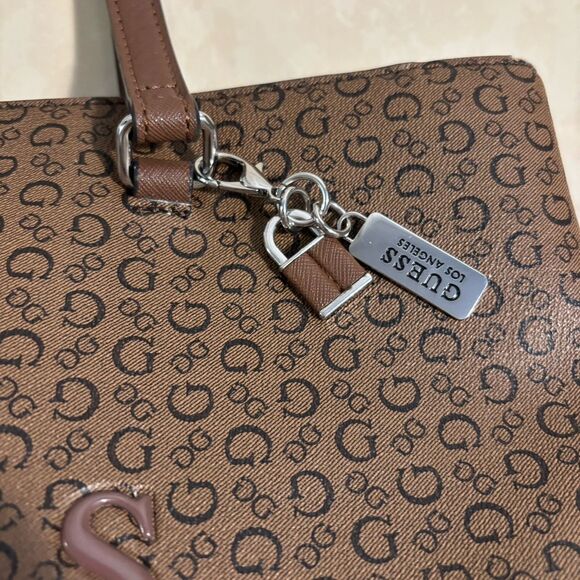 Guess Cocoa Brown Monogram Tote Bag With Double Handles & Zipper With Tote Charm - Picture 4 of 13